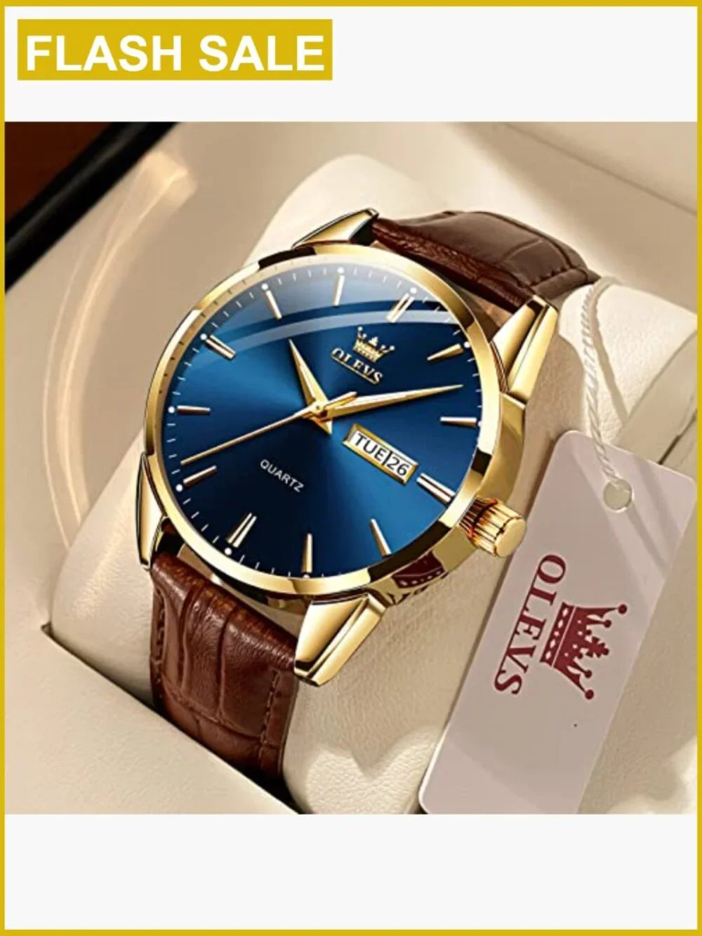 Mens Dress Watch Brown Leather Band Quartz Waterproof Gold Case 38MM Day Date